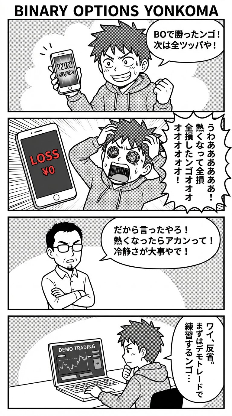 バイナリーオプション取引を題材にした4コマ漫画。勝利を祝い、負けを嘆き、冷静になるためのアドバイスを受け、最後にコンピューターでデモ取引を勉強する男。.