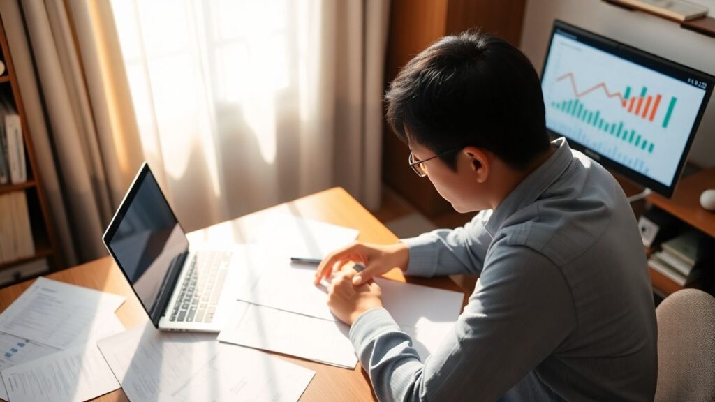 人はノートパソコンと書類を持って机に座り、書類を分析し、コンピュータのモニターには棒グラフと折れ線グラフが表示される。.