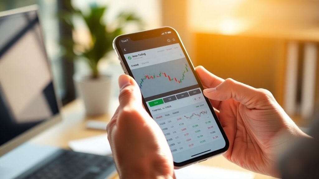 ローソク足チャートと市場データが表示された株取引アプリを表示するスマートフォンを持ち、ぼやけたノートパソコンを背景にデスクに座る人物。.