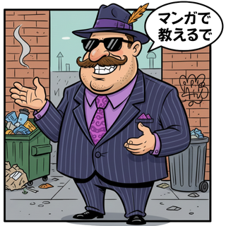 ピンストライプのスーツにサングラス、帽子をかぶった男がゴミ箱のある路地に立ち、ジェスチャーをしながら吹き出しで日本語を話す。.